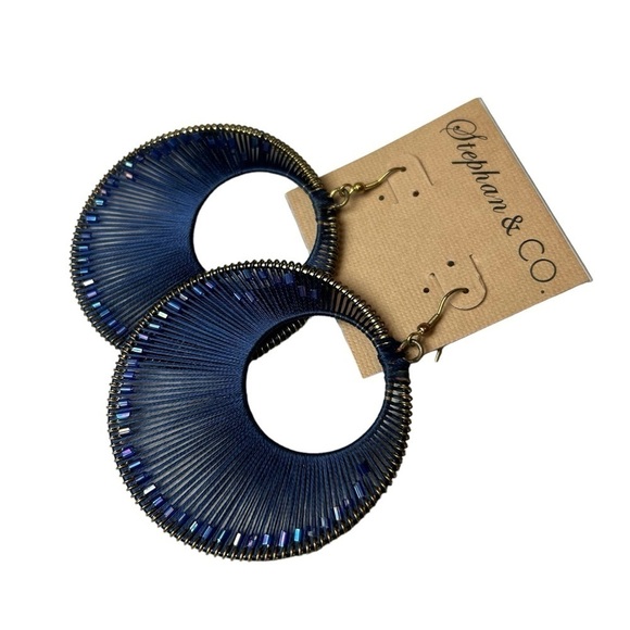 Large Blue Circular Hoop Blue Crystal Beads Woven Inside String Pierced Earrings - Picture 7 of 12